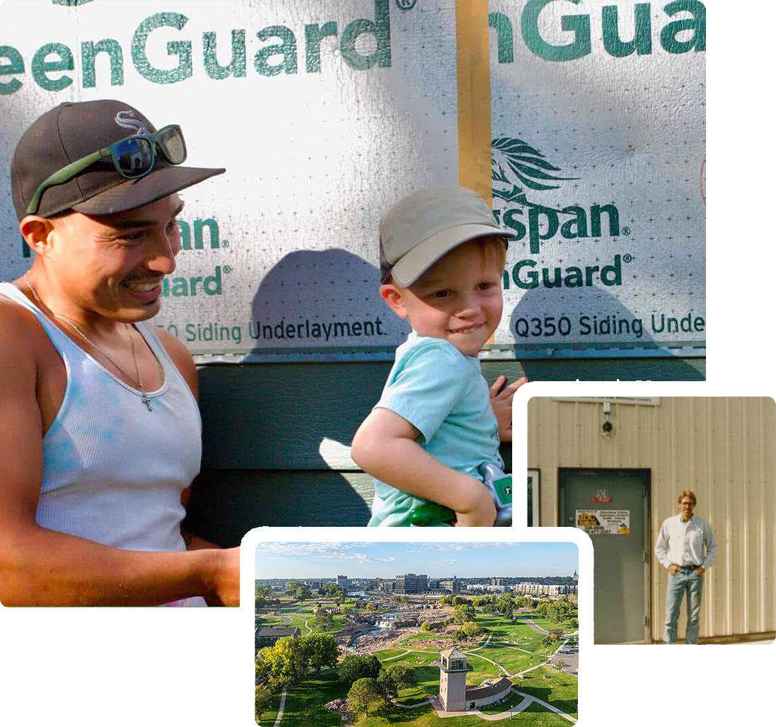 Renewal by Andersen Sioux Falls team member with his son, the owner at the shop, and an aerial view of Falls Park
