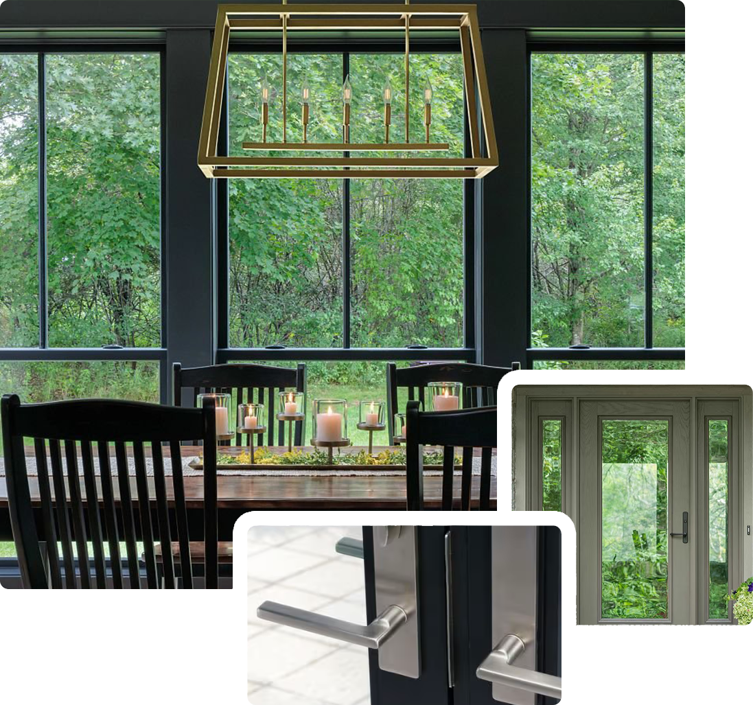 Dining room with floor-to-ceiling Renewal by Andersen windows, a patio door handle close-up, and an entry door with sidelights