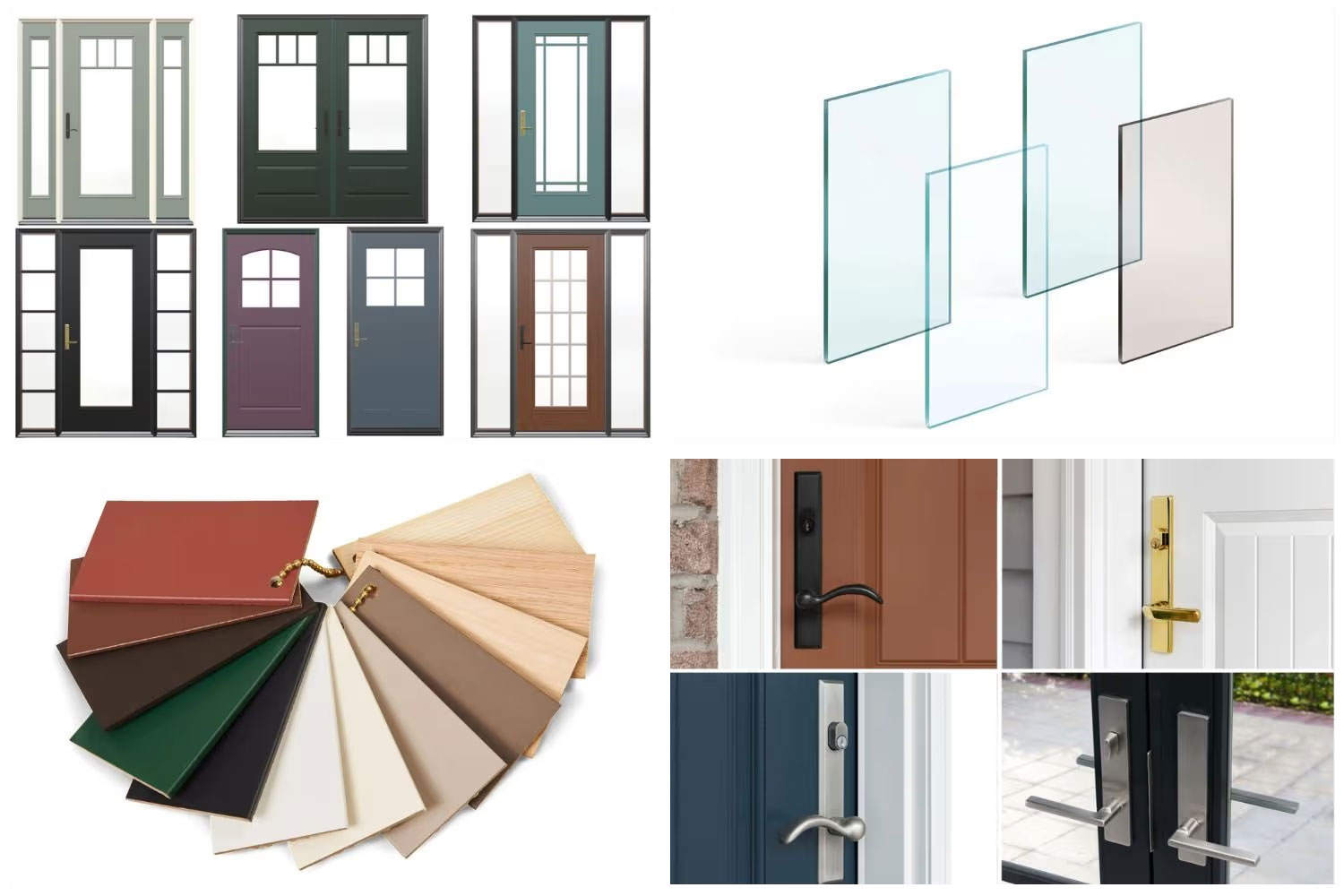 A collage of Renewal by Andersen Ensemble entry door styles, colors, and configurations