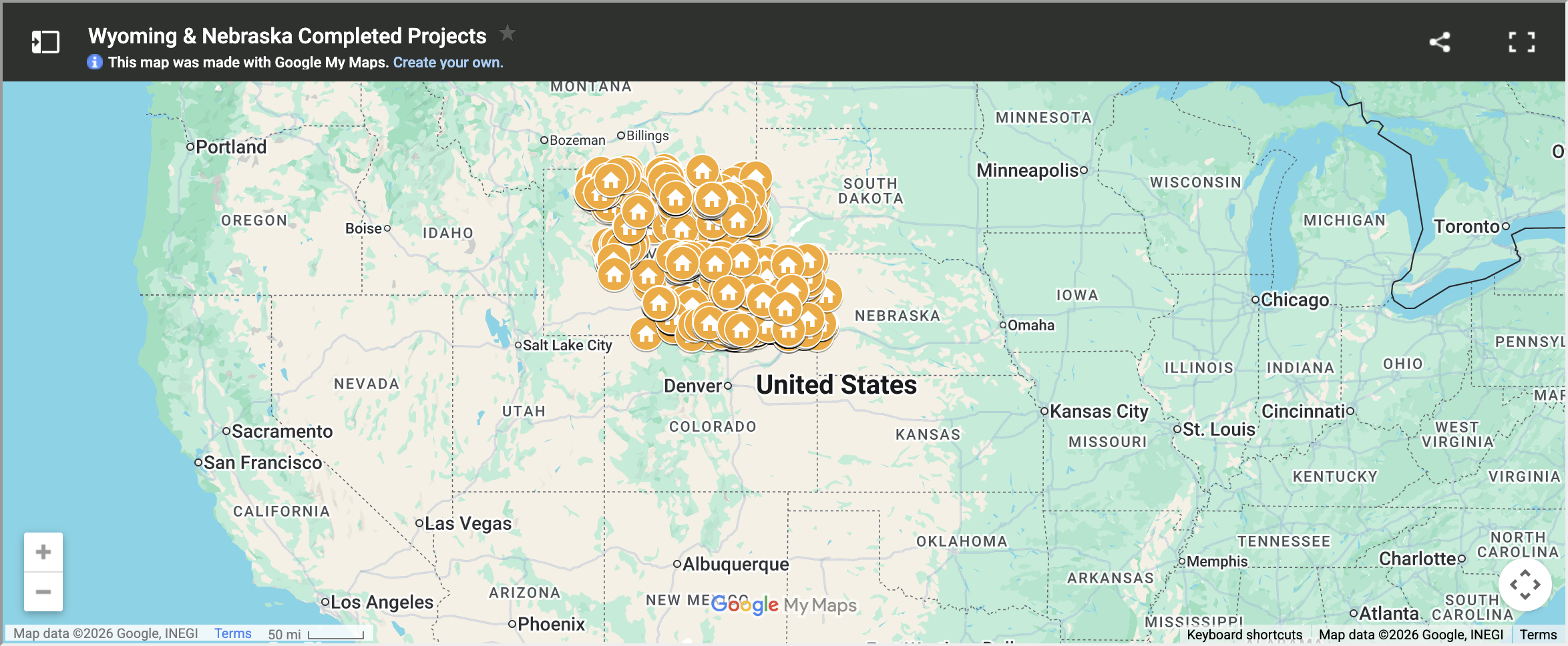 Map showing completed Renewal by Andersen projects concentrated across South Dakota, Nebraska, Iowa and Minnesota