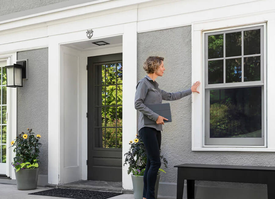 Customer care representative inspecting a finished window installation