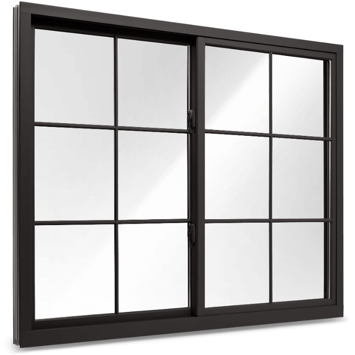 Sliding window with black frame and grilles